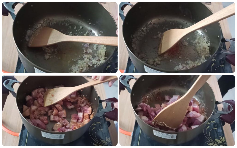 Phi hành tỏi rồi cho thịt lợn vào xào đều