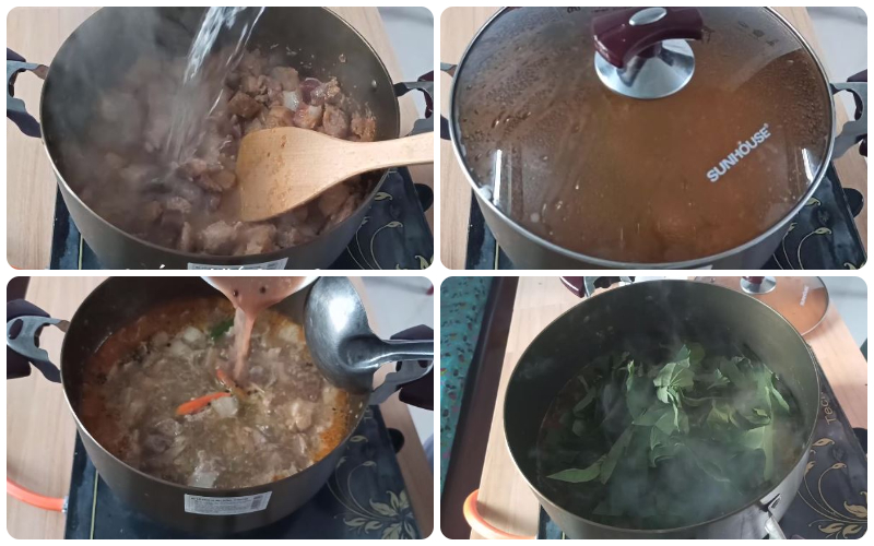 Cho nước vào đun, sau cho mắm ruốc và lá lốt vào
